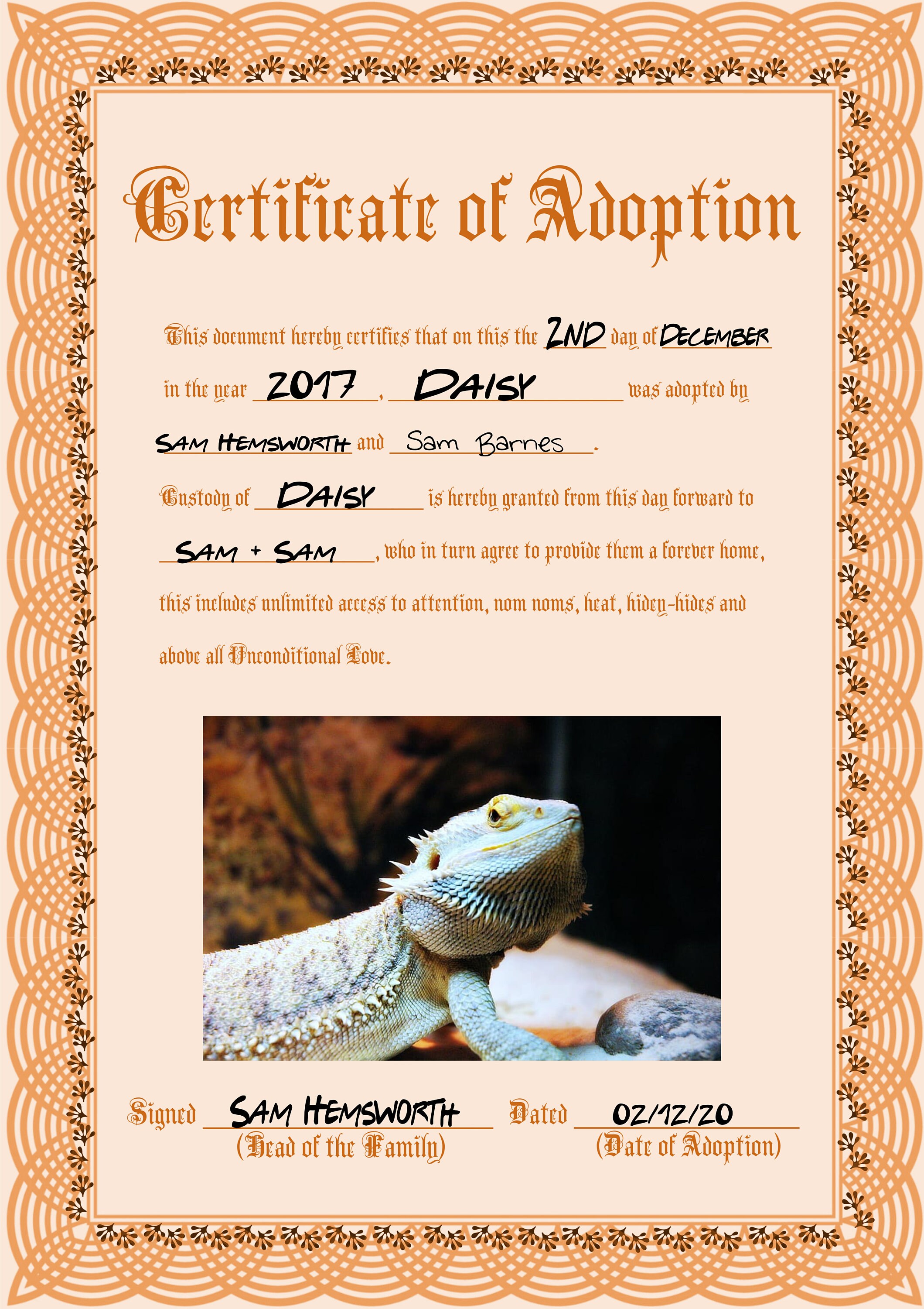 Reptile Rescue Form Reptile One Person Adoption Certificate (orange) - Etsy