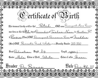 Canadian Breeder Birth Certificates - Black and White