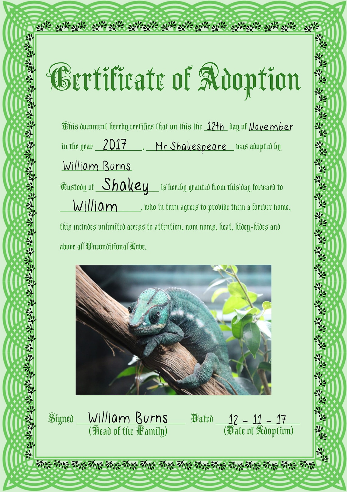 Reptile Rescue Form Reptile Couple's Adoption Certificate (green) - Etsy