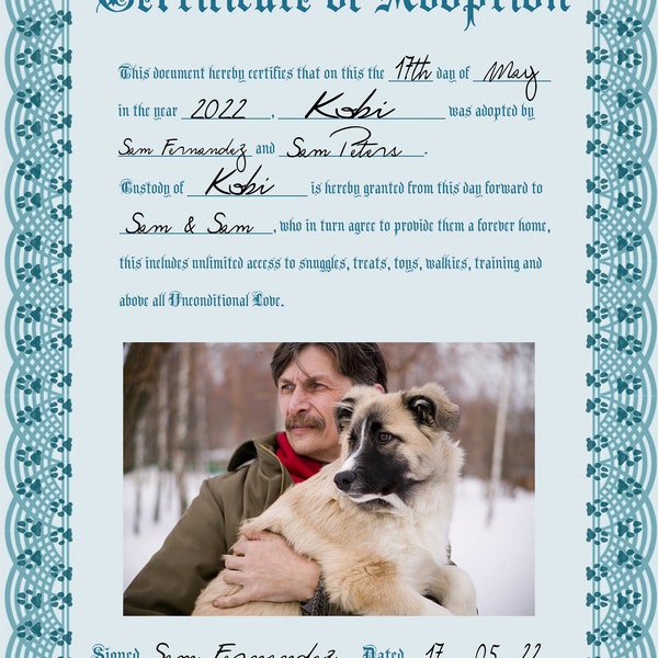 Puppy & Dog Couple's Adoption Certificate (Blue)