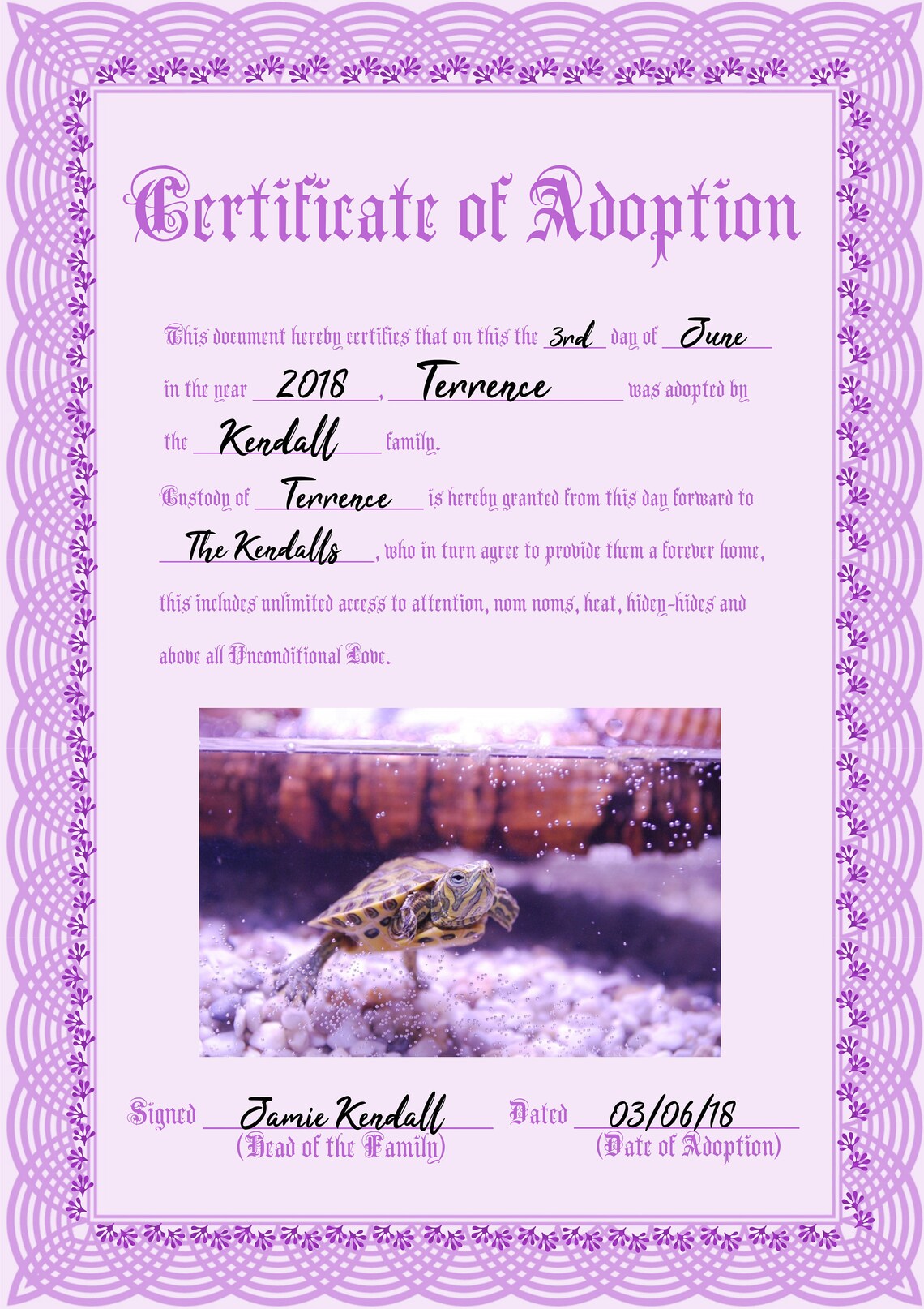 Reptile Rescue Form Reptile One Person Adoption Certificate (purple) - Etsy