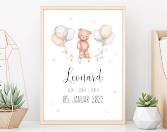 Geburtsposter | Geschenk Geburt | Poster | Teddy-Bär | Schaukel | Girlande