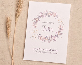 Meilensteinkarten | Geschenk Geburt | Weihnachten | Eukalyptus | Gold | rosa-lila