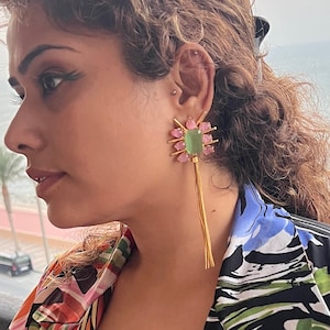 Oferta de Black Friday: Pendientes bohemios con borlas, calcedonia rosa y verde agua, pendientes largos y llamativos.