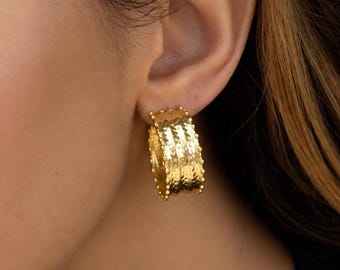 Textured Gold Chunky Hoop Earrings, Hammered Brass Statement Hoops, 20mm Gold Plated Earrings