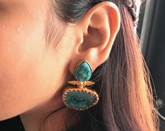 Dark Green Druzy Agate Tear Drop Huge Stud Statement Earrings , Boho Style Indian Gemstone Earrings for Women - Available in Brown