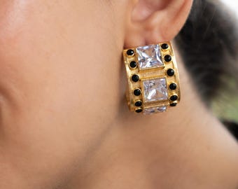 Black and Gold Crystal Chunky Bold Statement Earrings, Geometric Brass Hoop Earrings