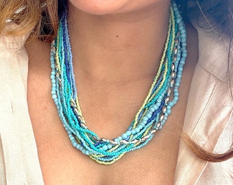 Beaded Aqua Blue Multi Strand Boho Style Statement Necklace, Chunky Bib Necklace for Women, Multi Layer Necklace - Bohemian Jewelry