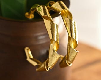 Large Gold Hoop Earrings, Oversized Twisted Hoops with Square Hammered Texture, Chunky Statement Jewelry