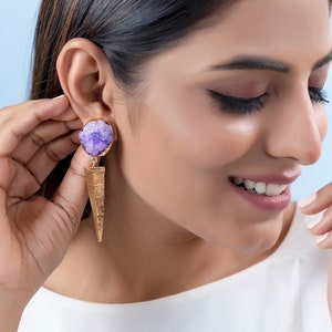Large Gold Metal Spike Statement Dangle Earrings, Purple Agate Druzy Gemstone Earrings, Boho Style Jewelry for Women