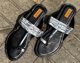 Silver T Strap Ethnic Indian Leather Women's Flat Sandals, Kolhapuri Boho Style Handmade Slip Ons, Flip Flops Summer Gift for her