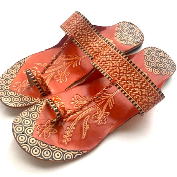 Rust Orange Leather Women's Flat Sandals, Flip Flops, Slip Ons, Summer Gift for her Shoes Ethnic Indian Boho Style Handmade