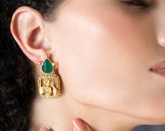 Art Deco Honey Bee Statement Stud Gemstone Earrings, Green and Gold Insect Earrings - Boho Chic Jewelry