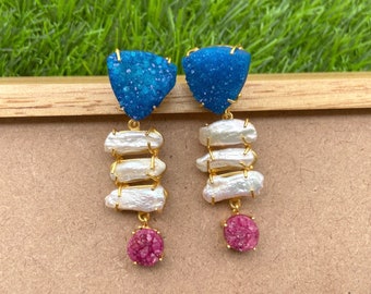 Geometric Blue Pink Druzy Statement Earrings, Pearl Dangle Earrings, Boho Style Indian Earrings - Fashion Jewelry