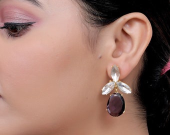 Tiefviolette Tropfen-Kristall-Statement-Ohrringe für Frauen, Brautjungfern-Ohrringe, Geschenk für Sie