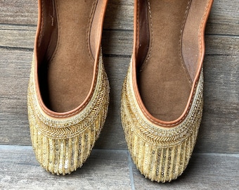 Ballerines de mariée pailletées dorées, Chaussures sans lacets pour demoiselles d'honneur, Chaussures de mariage confortables, Chaussures indiennes ethniques pour femmes