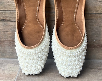 Pearl White Bridal Ballet Flat Shoes, Beadwork Wedding Shoes, Handmade Shoes, Bridesmaids Slip Ons, Comfortable Shoes, Ethnic Indian