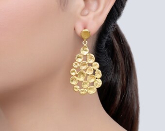 Tear Drop Gold Hammered Brass Dangle Statement Earrings for Women - Boho Style Jewelry