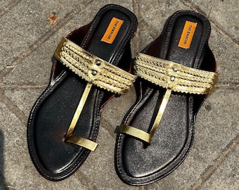 Gold Kolhapuri Chappals, Indian Leather T-Strap Sandals, Boho Summer Shoes