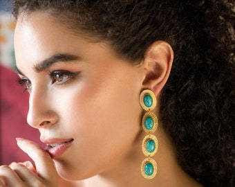 Boho Turquoise Gold earrings for Women, Statement Earrings, Boho Chic Fun Earrings - Festival Ready Gold Gemstone Drops