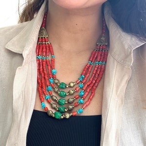 Coral and Turquoise Boho Beaded Statement Necklace, Chunky Bib Necklace for Women, Multi Layer Necklace - Bohemian Jewelry