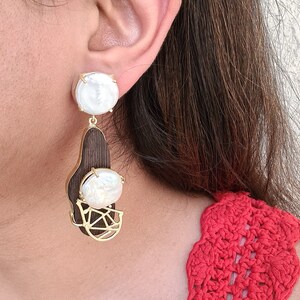 Baroque Pearl Statement Earrings - Wooden Earrings - Unique Trendy Fashion Jewelry