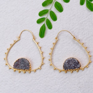 Gray Druzy Triangle Hoop Statement Earrings, Handmade Boho Style Hippie Earrings, Indian Earrings