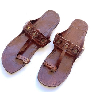 Brown Leather Women's Flat Kolhapuri Sandals, T Strap Boho Style Handmade Slip Ons Flip Flops Summer Gift for her Shoes Ethnic Indian