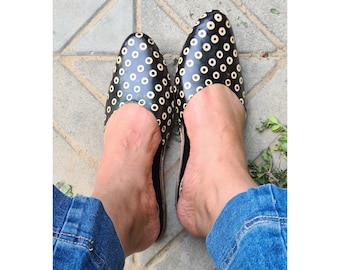 Women's Black Leather Flat Slip On Mules with Beige Polka Dots , Summer Gift for her Sandals Shoes Ethnic Indian Boho Style Handmade