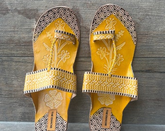 Boho Style Yellow Handmade Women's Slip On Sandals, Leather Flip Flops - Ethnic Indian Flats, Summer Shoes, Gift for Her