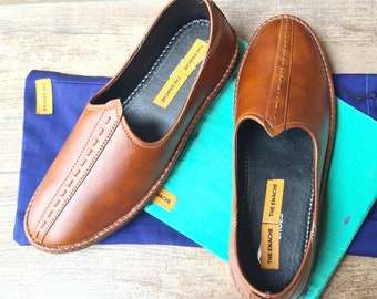 Tan Brown Leather Mens Loafers, Mens Slip Ons, Mens Slides, Mens Khussa Indian Shoes/Juttis/Mojaris