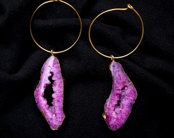 Pink Geode Druzy Agate Statement Hoop Earrings with Gold Electroplating