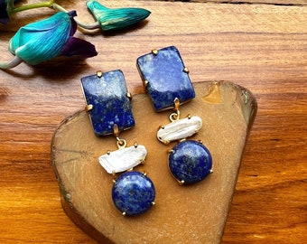 Marineblaue Lapislazuli Tropfen Ohrringe für Frauen, Süßwasserperlen Statement Ohrringe für sie, Edelstein Ohrringe