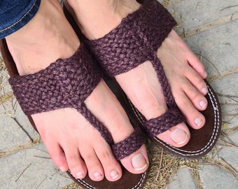 Dark Brown Mens Flat Kolhapuri Sandals, T Strap Boho Style Handmade Slip Ons Slides Summer Shoes Ethnic Indian