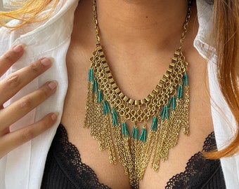 Boho Style Gold Chain Tassel Chunky Bib Statement Necklace for Women, Tribal Bohemian Jewelry