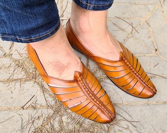 Tan Brown Cut Work Mens Leather Flat Loafers or Slip Ons , Boho Style Handmade Summer Shoes Ethnic Indian