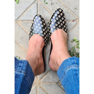 Women's Black Leather Flat Slip On Mules with Beige Polka Dots , Summer Gift for her Sandals Shoes Ethnic Indian Boho Style Handmade