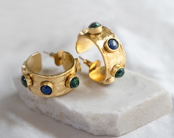 Grün Malachit und Lapis Lazuli kleine Gold Hoop Chunky Statement Ohrringe - Boho Edelstein Schmuck