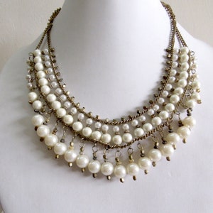 Pearl Chunky Bib Necklace, Statement Necklace, Oxidized Gold Necklace, Indian Jewelry - Gift for Her