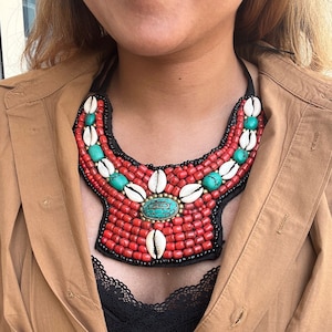 Boho Style Coral and Turquoise Cowrie Shell Beaded Tribal Collar Statement Chunky Necklace, Tibetan Bohemian Tribal Indian Jewelry