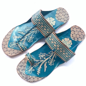 Blue Lotus Leather Women's Flat Sandals, Flip Flops, Slip Ons, Summer Gift for her Shoes Ethnic Indian Boho Style Handmade image 1