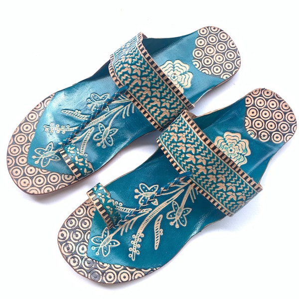 Blue Lotus Leather Women's Flat Sandals, Flip Flops, Slip Ons, Summer Gift for her Shoes Ethnic Indian Boho Style Handmade