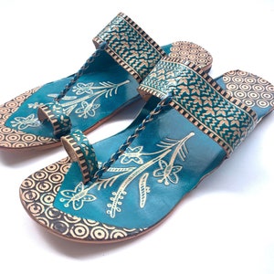 Blue Lotus Leather Women's Flat Sandals, Flip Flops, Slip Ons, Summer Gift for her Shoes Ethnic Indian Boho Style Handmade image 2