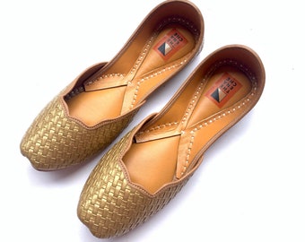 Gold Criss Cross Womens Flat Ballet Shoes, Slip Ons, Khussa Indian Shoes, Every Day Comfortable Wear Boho Style Slippers, Juttis or Mojaris