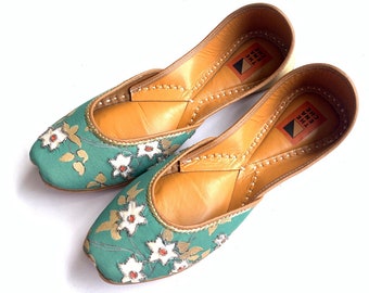 Mismatched Green Floral Womens Ballet Shoes, Flat Slip Ons, Khussa Indian Shoes, Every Day Comfort Wear, Gift for her - The Enache