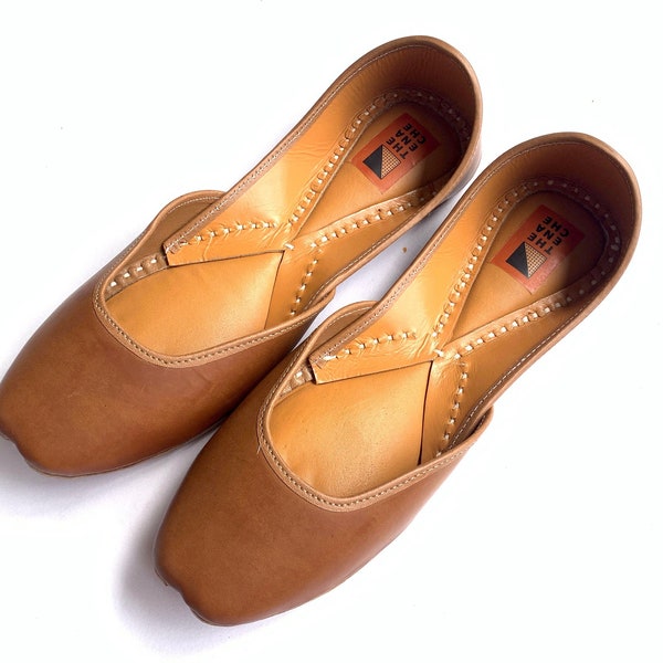 Tan Brown Leather Womens Ballet Flat Shoes, Slip Ons, Khussa Indian Shoes, Every Day Comfort Wear, Gift for her - The Enache