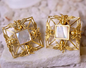 Gold Honey Bee Statement Stud Earrings, Mother of Pearl Insect Earrings, Boho Chic Bee Jewelry, Nature Inspired Artisan Earrings