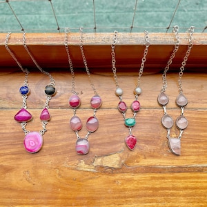 Pink Agate Gemstone Necklace, Rose Quartz Bib Statement Necklace, Multi Stone Necklace, Silver Necklace, Boho Necklace - Gift for Her