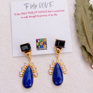 Tear Drop Blue Lapis Statement Earrings with Zircon and Black Onyx, Natural Gemstone Dangle Earrings, Indian Earrings image 5