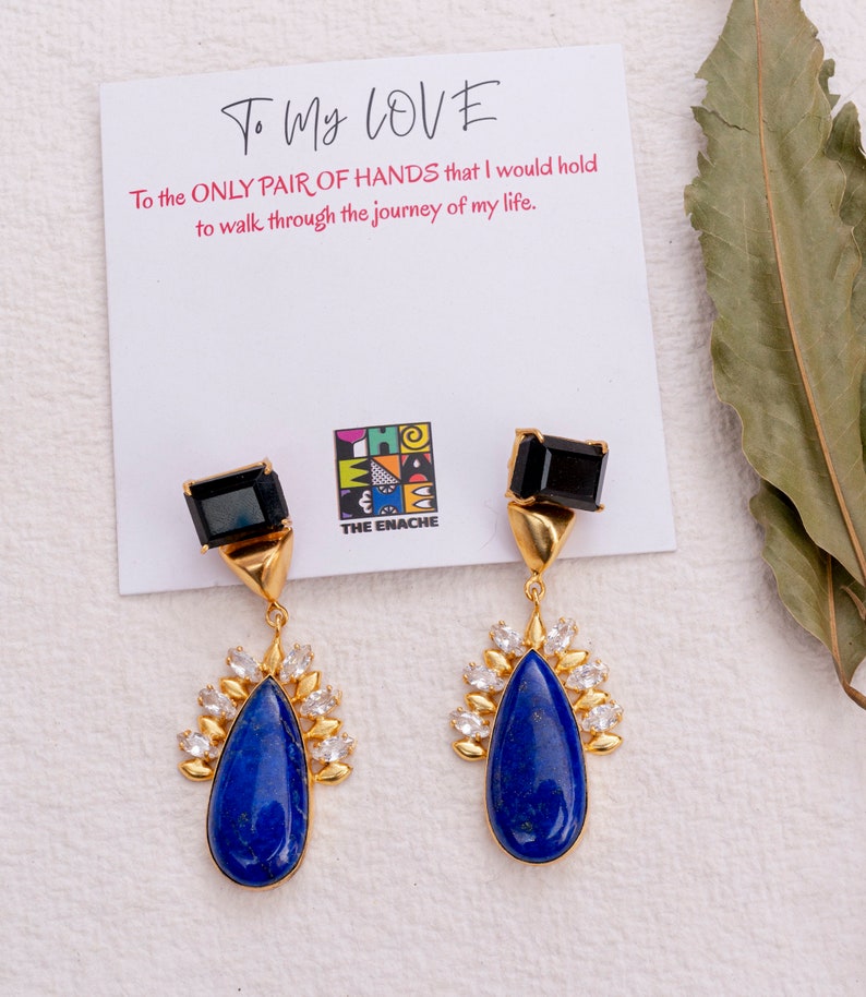 Tear Drop Blue Lapis Statement Earrings with Zircon and Black Onyx, Natural Gemstone Dangle Earrings, Indian Earrings image 5